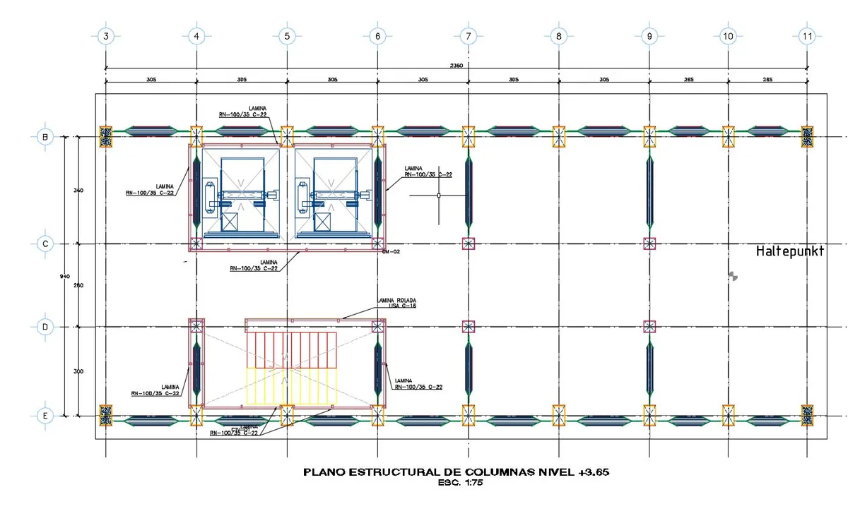 Plano estructural de columnas con ejes, cotas y despiece, como el que llega al inicio del proyecto
